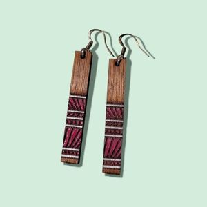 Mahogany Wood Hand Painted Bar Earrings, hypoallergenic Sterling Silver Hooks